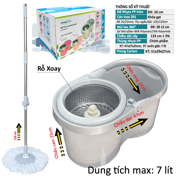 Bộ Lau Nhà 360° Màu Xám