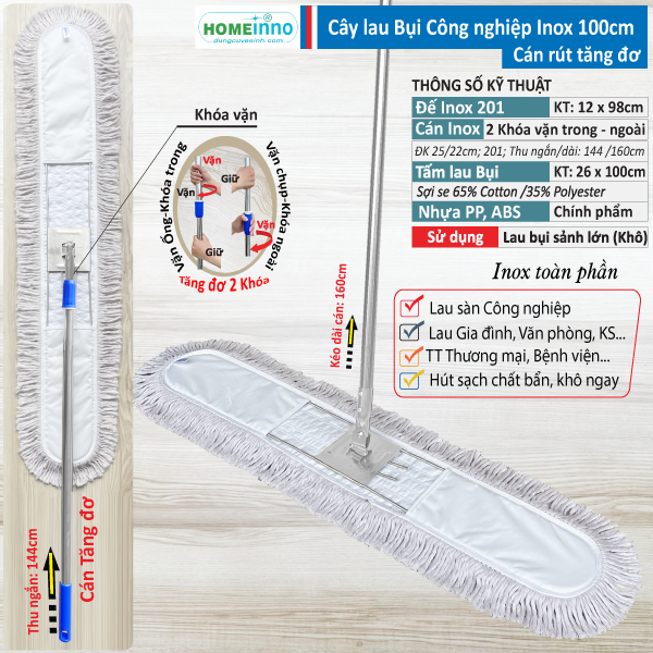 Cây Lau Bụi Cotton Inox 100cm - Cán Tăng Đơ