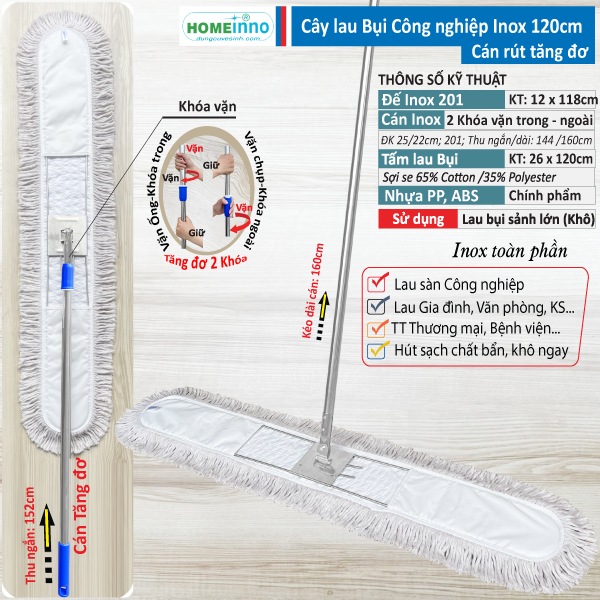 Cây Lau Bụi Cotton Inox 120cm - Cán Tăng Đơ