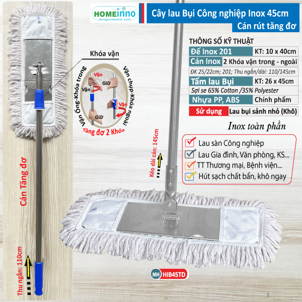 Cây Lau Bụi Cotton Inox 45cm - Cán Tăng Đơ