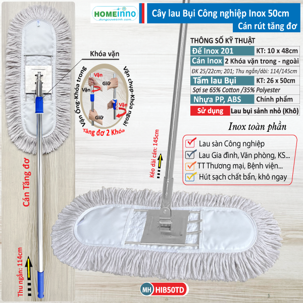 Cây Lau Bụi Cotton Inox 50cm - Cán Tăng Đơ