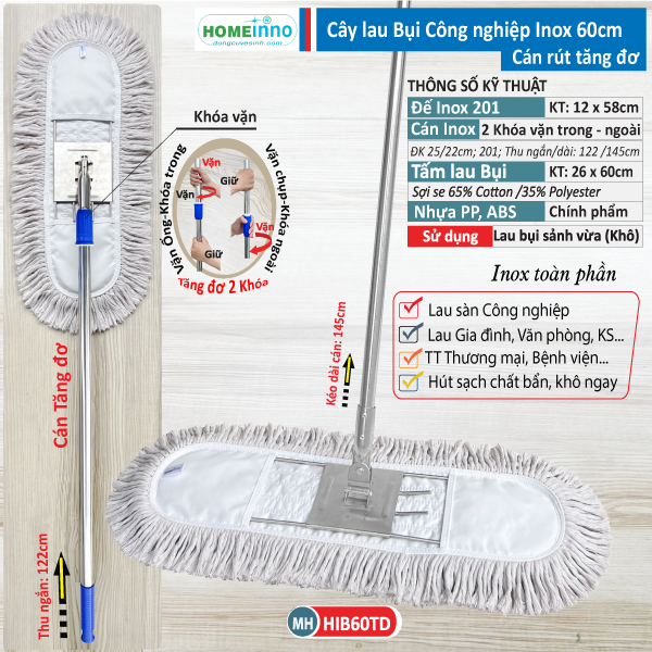 Cây Lau Bụi Cotton Inox 60cm - Cán Tăng Đơ