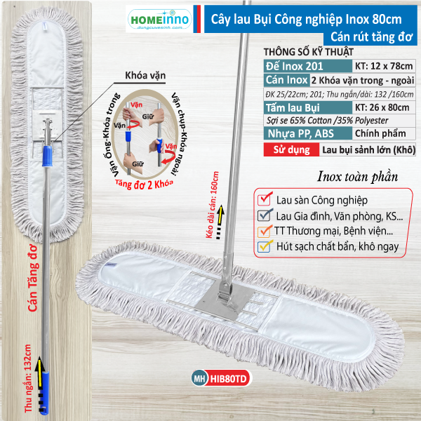 Cây Lau Bụi Cotton Inox 80cm - Cán Tăng Đơ