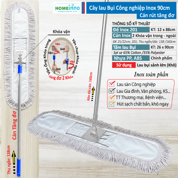 Cây Lau Bụi Cotton Inox 90cm - Cán Tăng Đơ