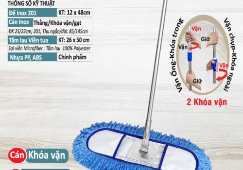 Cây lau Inox Viền Tua 50cm - Cán Khóa Vặn