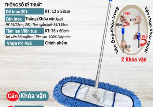 Cây lau Inox Viền Tua 60cm - Cán Khóa Vặn