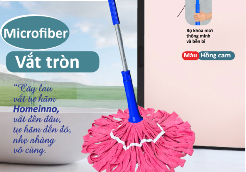 Cây Lau Vắt Tự Hãm Tròn Vải Khăn Microfiber (Hồng Cam)