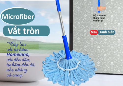 Cây Lau Vắt Tự Hãm Tròn Vải Khăn Microfiber (Xanh Biển)