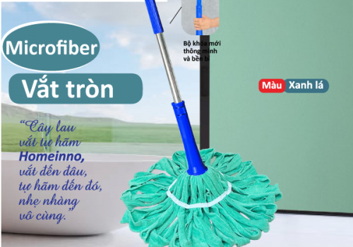 Cây Lau Vắt Tự Hãm Tròn Vải Khăn Microfiber (Xanh Lá)