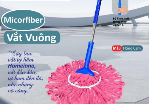 Cây Lau Vắt Tự Hãm Vuông Nùi Vải Khăn Microfiber (Hồng Cam)