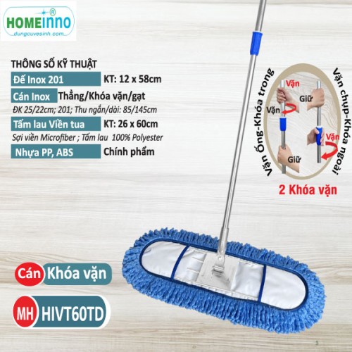 Cây lau Inox Viền Tua 60cm - Cán Khóa Vặn