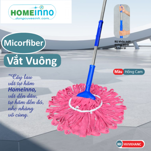 Cây Lau Vắt Tự Hãm Vuông Nùi Vải Khăn Microfiber (Hồng Cam)