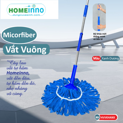 Cây Lau Vắt Tự Hãm Vuông Nùi Vải Khăn Microfiber (Xanh Dương)